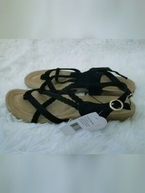 Ashley Blue Black Braided T-Strap Sandals